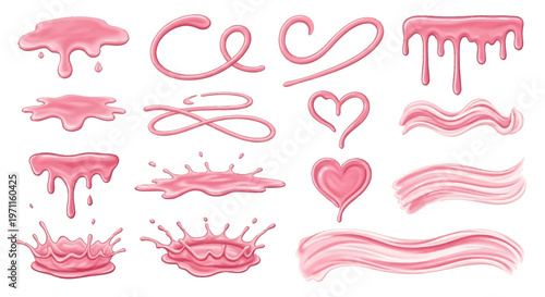 Collection of pink liquid drips, splashes, swirls, and brush strokes, perfect for sweet designs and decorative elements.