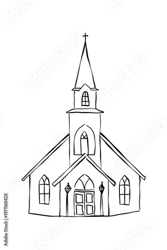 Ink Christian Church building illustration. Hand drawn vector facade of religious church building isolated on white background