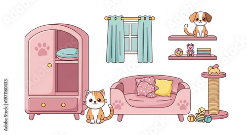 Cute puppy and kitten sitting in pink room with cat furniture and toys in adorable vector illustration style for kids room decor and pet shop advertisement