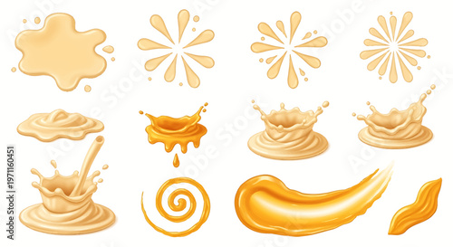 Collection of creamy liquid splashes, drips, swirls, and smears in various forms.