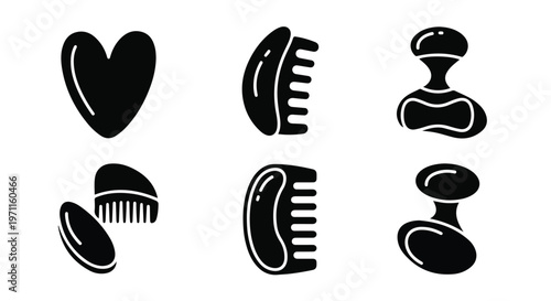Set of 6 Black Gua Sha Massage Tool Vector Icons