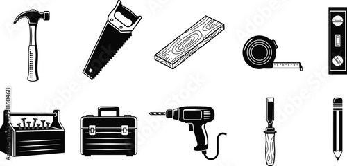 Carpentry tools set illustration hammer saw drill toolbox measuring tape chisel pencil wood equipment vector isolated design collection