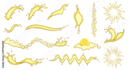 Set of various yellow liquid splashes, drops, and waves, resembling lemon or citrus juice, with a lemon slice.