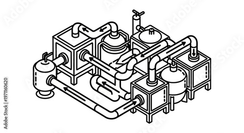 Industrial mechanical equipment diagram with pipes and tanks technical drawing