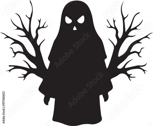 Silhouette of person sitting under bare tree branches at dusk