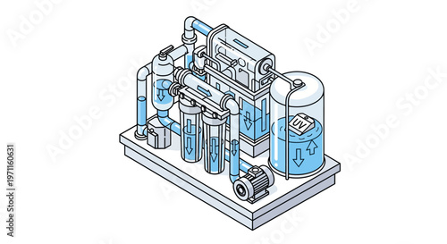 Industrial water filtration system blueprint illustration with pipes and tanks