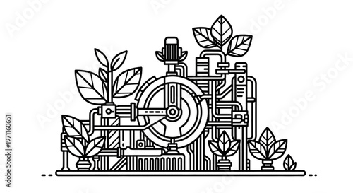 Industrial machine with green plants illustration line art