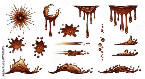 Collection of various chocolate or coffee splashes, drips, and splatters in dynamic motion.