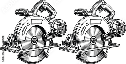 Circular saw machine illustration detailed woodworking power tool equipment cutting device industrial carpentry vector isolated design element collection