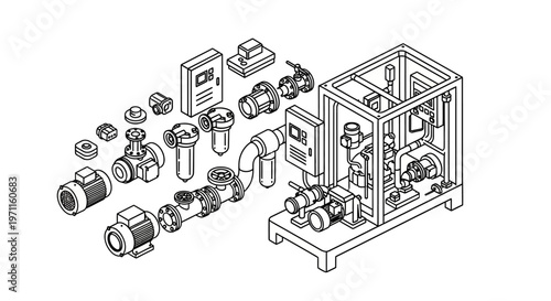Industrial machine parts and assembly line components diagram