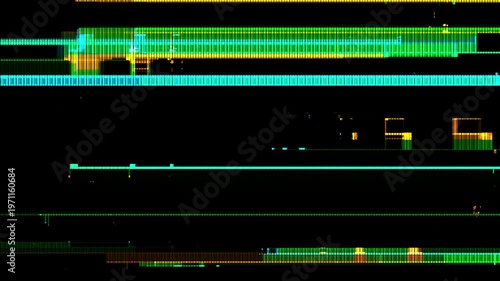 Abstract digital glitch overlay texture with bright green and cyan horizontal pixelated bands on a black background.