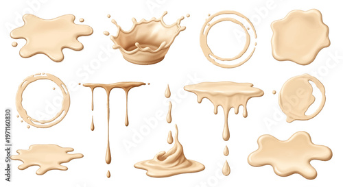 Various beige liquid splatters, drips, and splashes on a white background, showing different textures and forms.