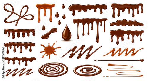 A collection of realistic chocolate and caramel drips, swirls, and splashes on a white background, perfect for dessert decorations and sweet designs.