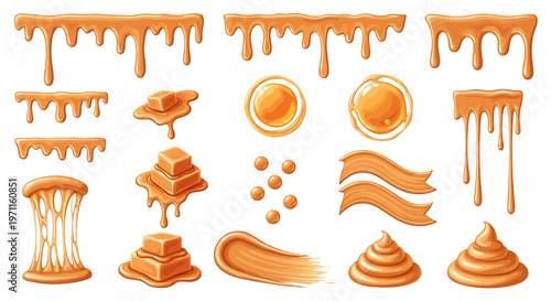 A collection of various caramel elements including drips, splashes, squares, swirls, and gooey textures on a white background.