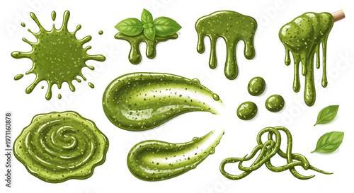 Collection of green pesto sauce splatters, drips, swirls, and smears with fresh basil leaves on a white background, showcasing various textures.