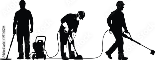 Construction worker silhouettes using jackhammer and pressure washer for road repair cleaning industrial maintenance vector illustration isolated design
