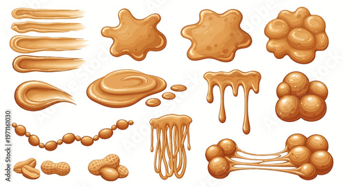 Collection of various peanut butter or caramel textures, smears, drips, and splatters with whole peanuts on a white background.