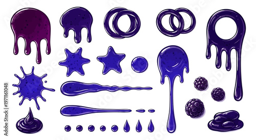 Collection of purple liquid drips, splatters, and shapes including rings, stars, and lines, with blackberries on a white background.