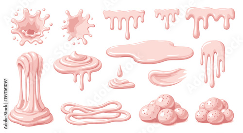 Illustrations of pink gooey substance in various forms including splashes, drips, and stretched textures.