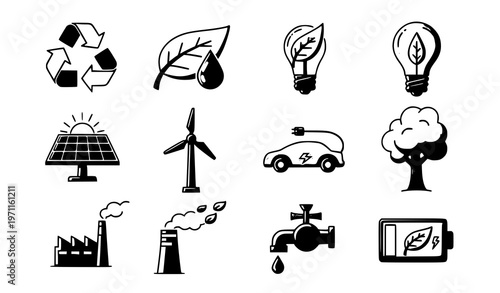A set of eco-friendly icons representing sustainable living and green energy