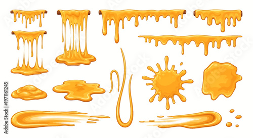 Collection of various dripping, flowing, and splashing yellow liquid elements, resembling honey or melted cheese.