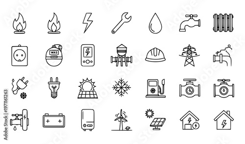 A set of line art icons representing various energy and utility concepts