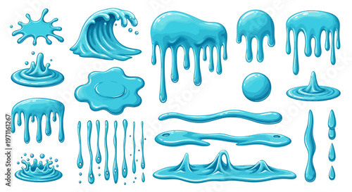 Collection of blue liquid elements including splashes, waves, drips, puddles, and ripples on a white background.