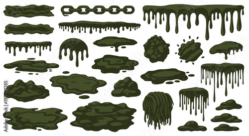 A collection of various dark green slime, goo, and mud elements, including drips, puddles, and a chain, isolated on a white background.