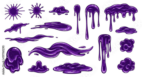 Collection of various purple liquid splatters, drips, and blobs, illustrating different forms of viscous fluid.