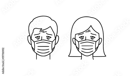Man and woman wearing protective face masks tired expression outline vector icon isolated on white background