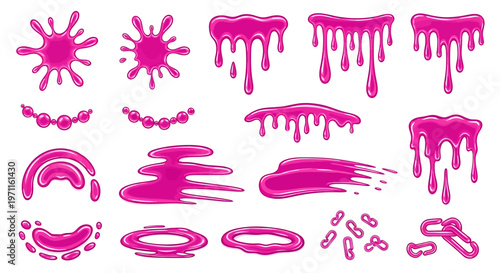 Set of vibrant pink liquid splatters, drips, smears, and abstract shapes.
