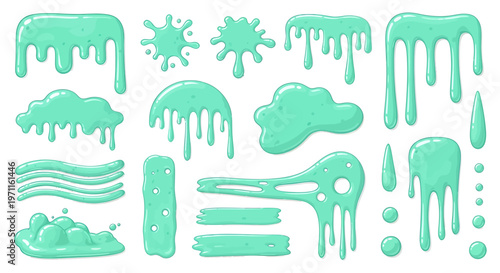 Collection of various light green slime, goo, and paint drips, splatters, and shapes on a white background.