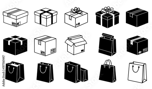 Packaging and storage icons – black and white vector collection of boxes and bags