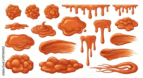 Collection of various caramel sauce drips, puddles, splashes, and dollops on a white background, illustrating different textures and forms of sweet topping.
