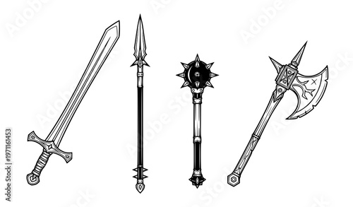 Medieval fantasy weapons illustration – sword, spear, mace, and battle-axe
