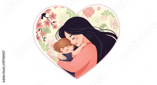 Mother tenderly hugging her baby in a heart shaped floral frame with love and care