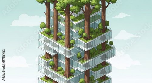 Futuristic vertical forest skyscraper concept with trees on balconies and glass architecture