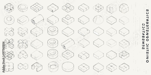 Isometric geometric shapes and forms displayed in a grid pattern