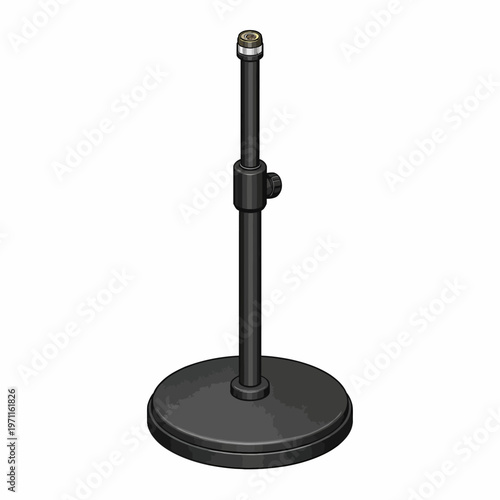 Sturdy black desktop microphone stand in an isometric vector illustration, designed for optimal audio recording in home studios and professional environments