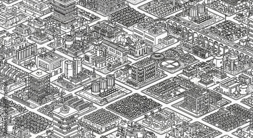 An intricate isometric line art illustration depicts a sprawling urban and industrial landscape, featuring countless interconnected buildings, factories, and complex infrastructure elements.