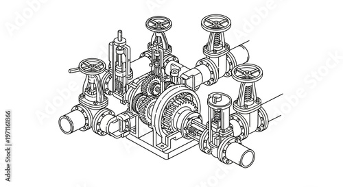 Industrial pump mechanical equipment technical drawing illustration