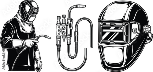 Welder worker illustration with welding torch cable and protective helmet industrial metal fabrication equipment safety gear vector isolated design