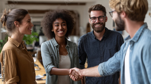  Corporate team welcoming a new employee in a friendly and inclusive office environment
