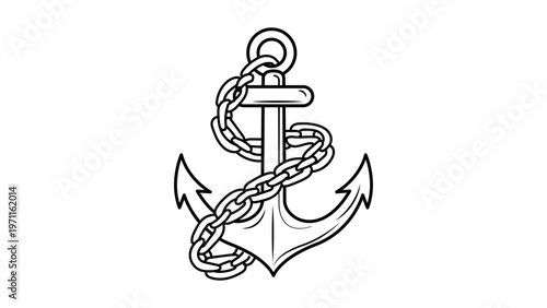 Minimalist black line vector icon of a nautical anchor with a chain wrapped around it, hand-drawn illustration on white background, scalable vintage marine symbol for sea travel, navy, and sailing