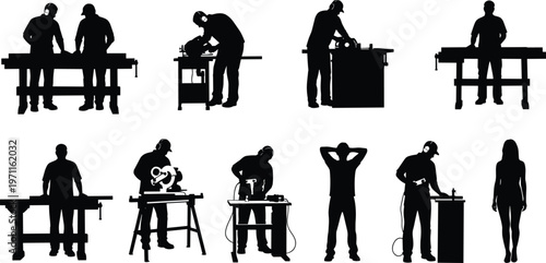 Woodworker and carpenter silhouettes set using saw drill tools working in workshop crafting wood professional vector illustration isolated collection
