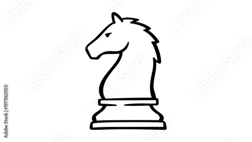 Minimalist black line vector icon of a chess knight piece, hand-drawn outline illustration on a white background, scalable graphic for strategy, gaming, and business competition concepts.