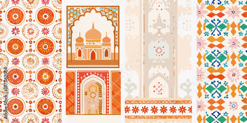 Four patterned panels featuring indian motifs and the taj mahal