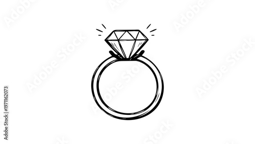 Minimalist hand-drawn black line vector icon of a diamond engagement ring on a white background, scalable illustration for wedding, marriage, jewelry, and romantic celebration designs.