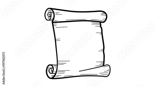 Minimalist black line vector icon illustration of an unrolled ancient parchment scroll on a white background, hand-drawn style outline for vintage document, script, or certificate design.