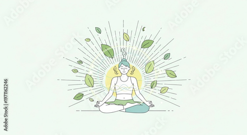Woman meditating in lotus position surrounded by floating leaves and light rays illustrating zen mindfulness and natural peace concept